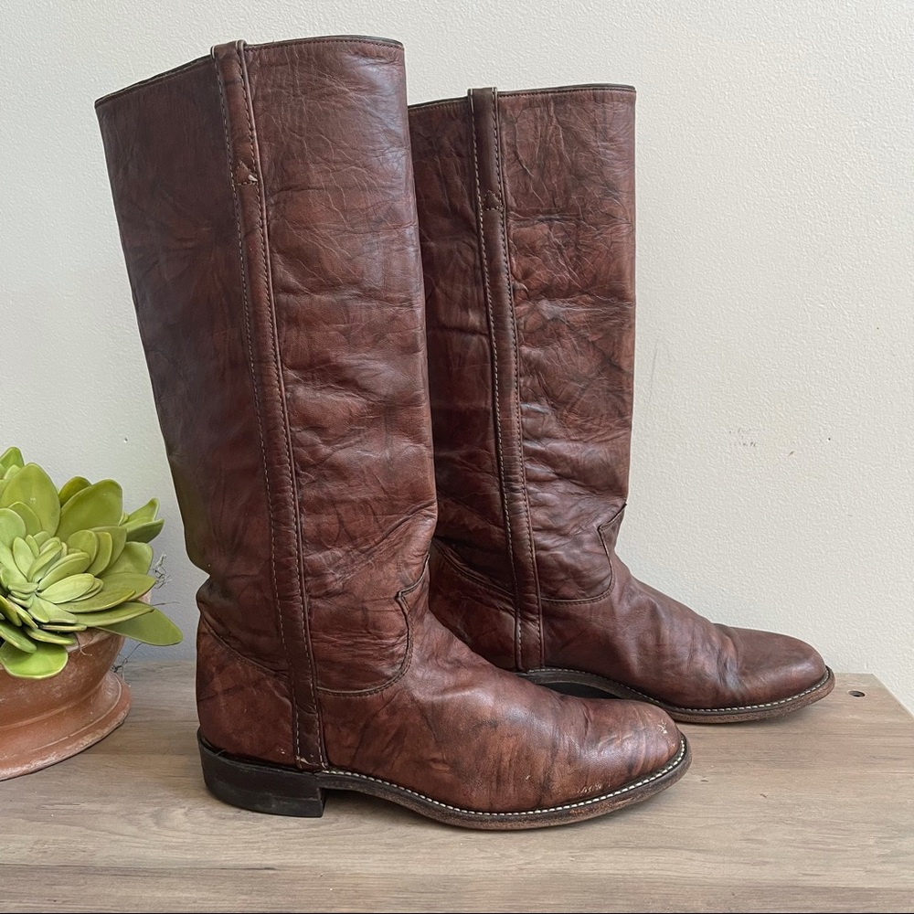 Justin Brown Leather Vintage Western Riding Boots - Picture 2 of 12